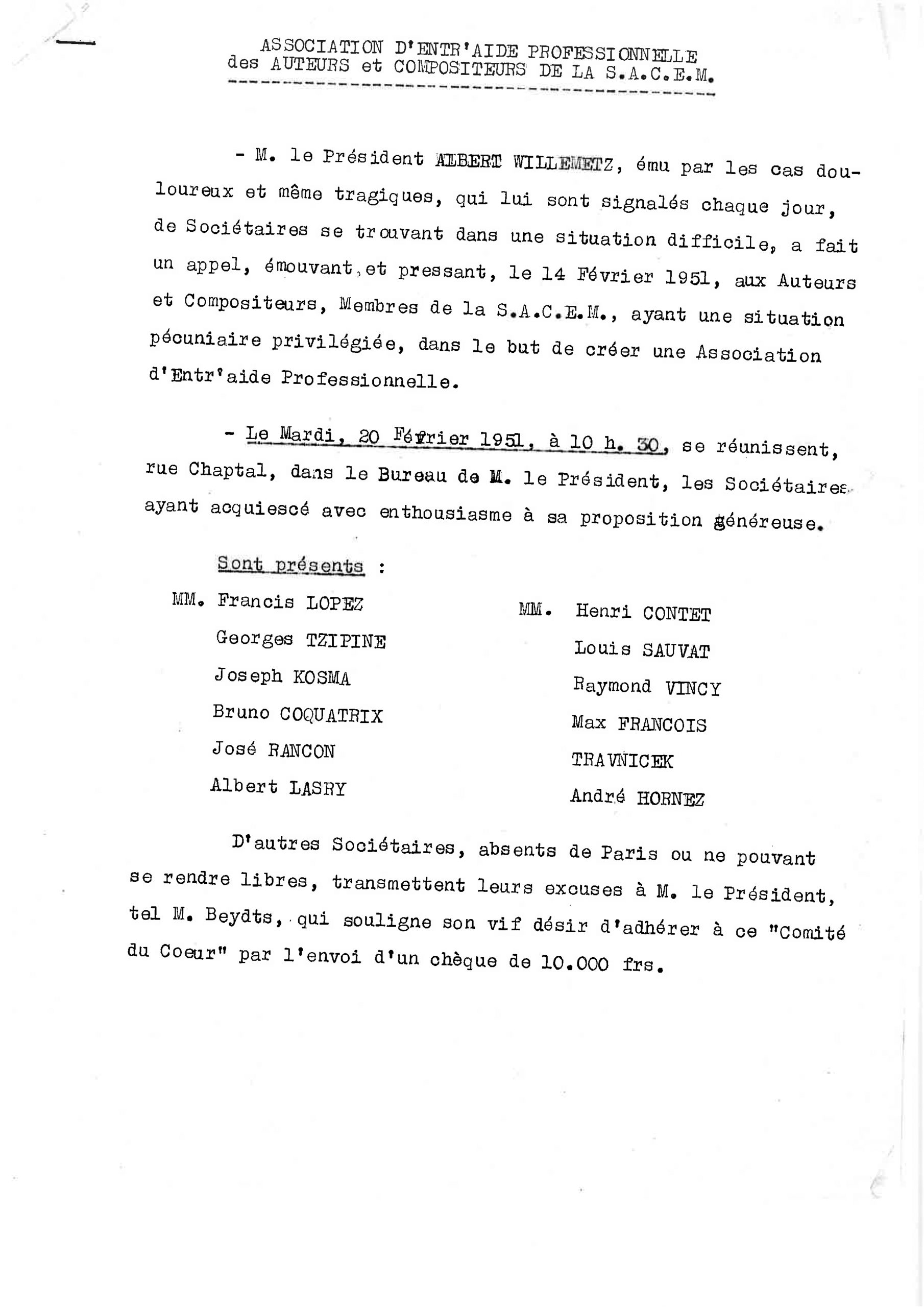 Archive : rapport de réunion, datant du 20 février 1951, relatif à la création de l’association.